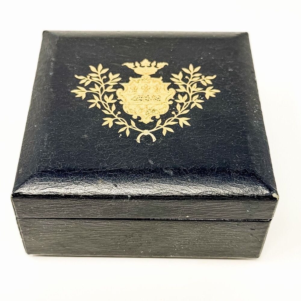 Vintage Swedish Black Leatherette Trinket Jewelry Box Gilt Crest Made Sweden